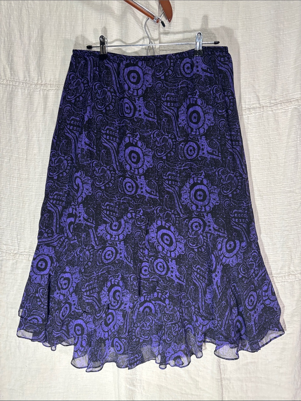Vintage Chicos Design 100% Silk Ruffle Midi Skirt Purple Black XL 3 Whimsigoth